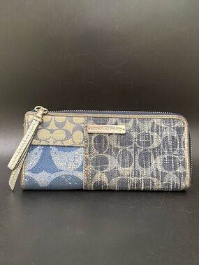 COACH Poppy Blue Denim Patchwork Slim Zip Wallet